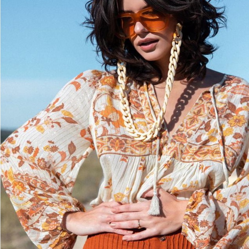 Spell Orange and Tan Smocked Blouse
